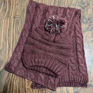 Cozy Cable-Knit Pom Scarf & Beanie Set - Burgundy